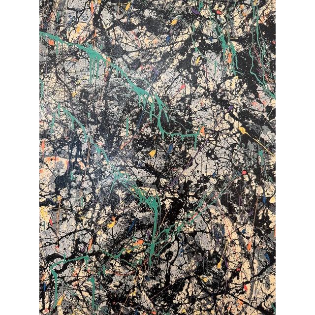Vintage Abstract Expression "Full Fathom Five" Hand-Painted Reproduction Framed Painting in the Style of Jackson Pollock, Black, Turquoise, Peach For Sale In Houston - Image 6 of 15