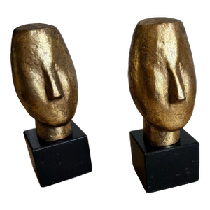Pair of Villa & House Alberto Statues / Sculptural Bookends | Cycladic-Inspired Gold Leaf Metal on Black Marble Bases, Heavy