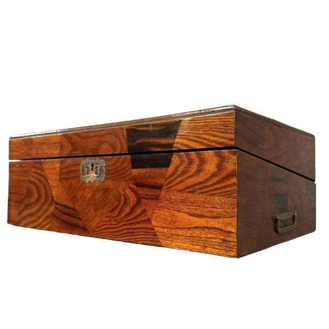 19th century japan: meiji period (1868-1912) marquetry travel secretary. It opens to reveal a writing surface and numerous...