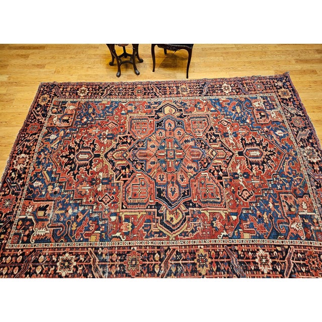 Red Vintage Persian Heriz Serapi Rug, Hand-Knotted Wool, Geometric Pattern, Rust-Red & Blue, 7x10 For Sale - Image 8 of 18