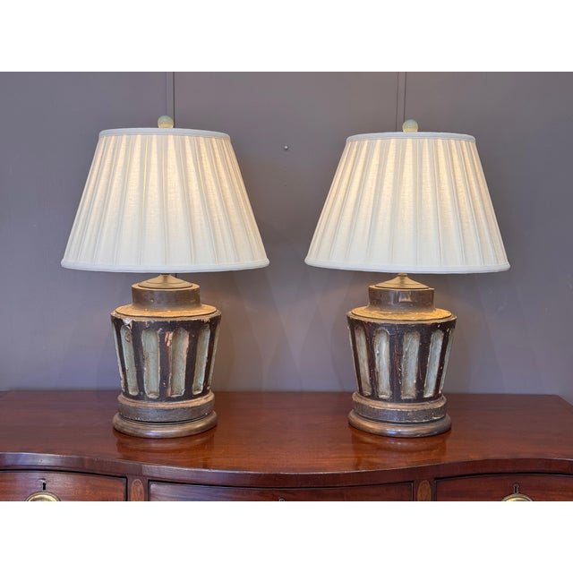 Brown Pair of 19th Century Carved Wood Neoclassical Column Lamps For Sale - Image 8 of 13