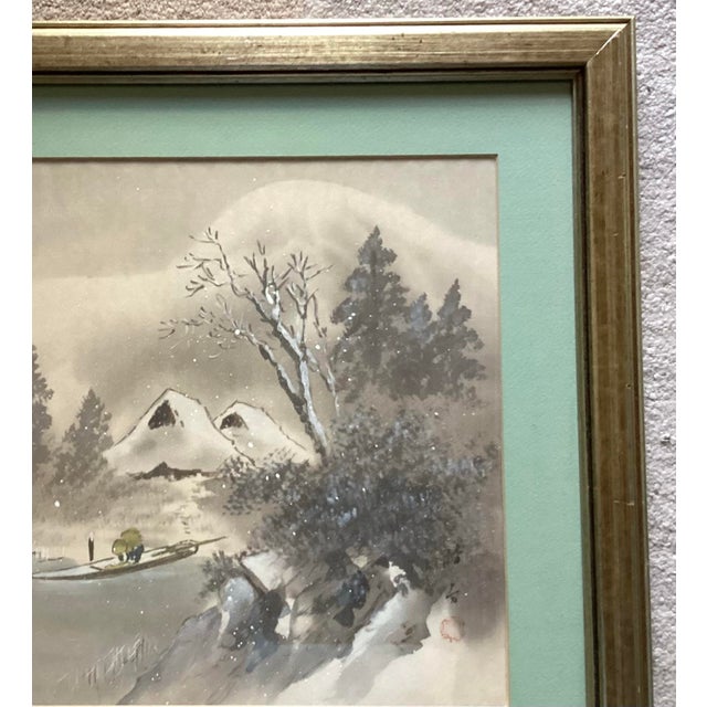 Vintage Chinese Original Painting on Linen, Winter Scene, Signed and Sealed For Sale - Image 4 of 11