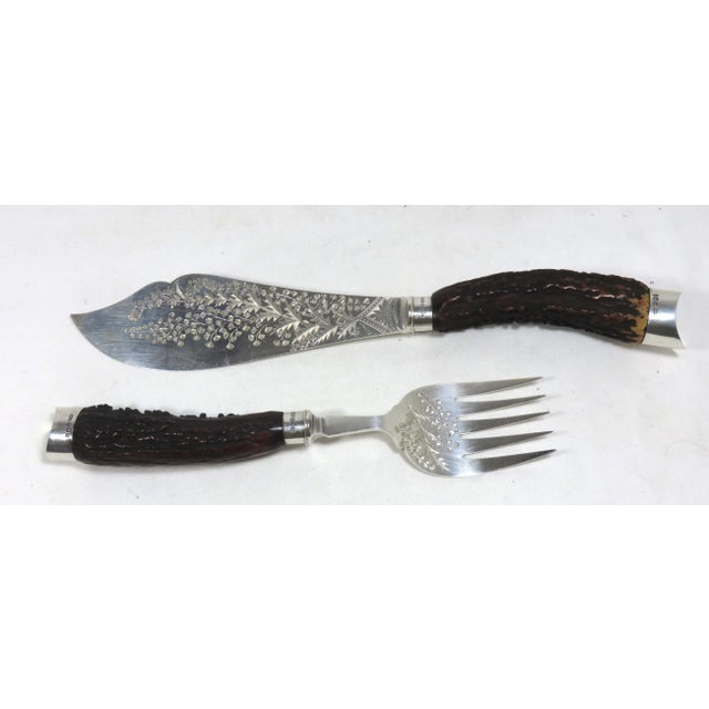 Antique 1893 Hand Engraved Antique Sheffield Plate & Sterling Silver Antler Handle Fish Serving Set For Sale - Image 13 of 13