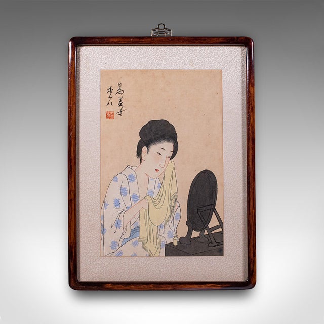 This is an antique figural woodblock print. A Japanese, framed picture in the manner of Chikanobu, dating to the late...