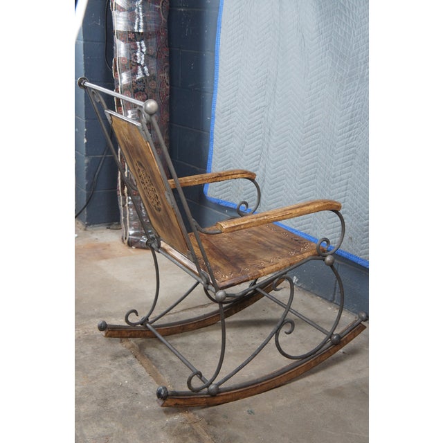 Late 20th Century British Colonial Style Wrought Iron Carved Mahogany Rocking Armchair For Sale - Image 4 of 12