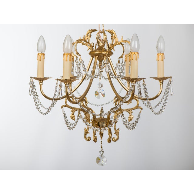 1970s Brass 6 Branch Chandelier With Crystals For Sale - Image 13 of 13