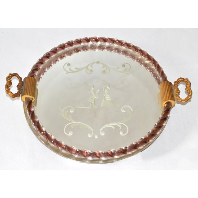 1950s Round Venetian Etched Rope Burgundy Art Glass Mirrored Tray Bronze Handles For Sale - Image 16 of 18
