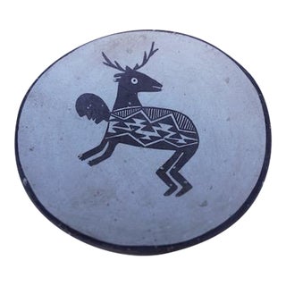 Marie Zieu Chino Shallow Pottery Dish with Deer Man, 1930s to 40s For Sale