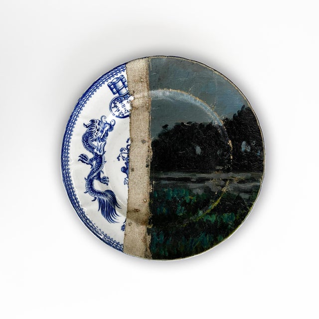 Wall Art Installation: Composition of Ceramic Plates and Oil on Canvas - "Tropical Moonlight" - Set of 5 For Sale - Image 4 of 11