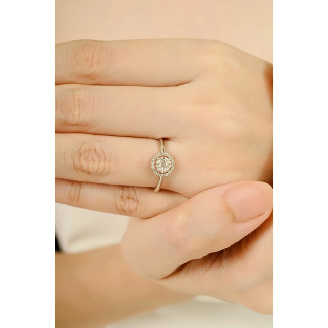 Modern Halo Set Natural Diamond 14k Gold Modernist Proposal Ring Size 5 For Sale - Image 3 of 12