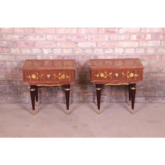 Mid-Century Modern French Art Deco Macassar Ebony Inlaid Marquetry Nightstands, Circa 1950s For Sale - Image 3 of 13