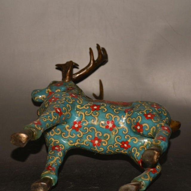 Chinese Monumental Pair of Vintage Cloisonné Enamel & Gilt Bronze Deer Figures For Sale - Image 3 of 9