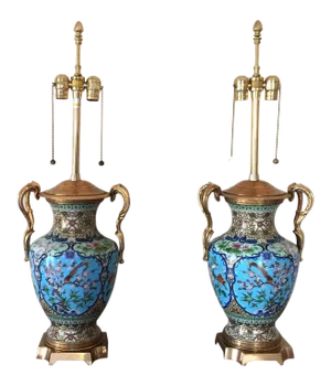 1970s Marbro Lamp Company French Cloisonné, Enamel, Gilded Ormolu Lamps - a Pair