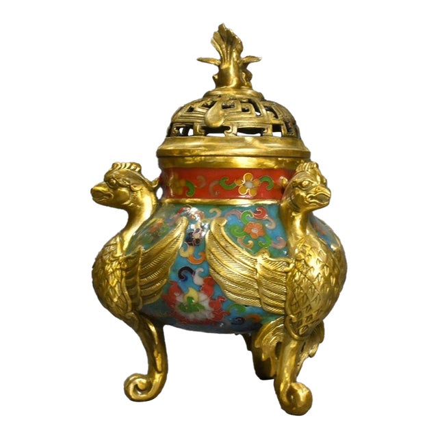 Pure Copper Cloisonne Filigree Flying Beast Incense Burner Censer - Gilt Gold Body With Colored Enamel For Sale