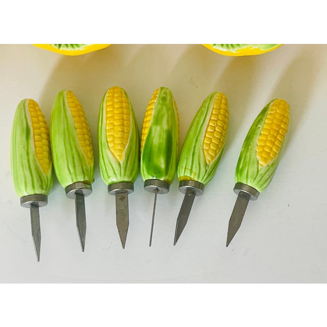 Shabby Chic Vintage Corn on the Cob Majolica Dishes and Knives - Set of 10 For Sale - Image 3 of 5