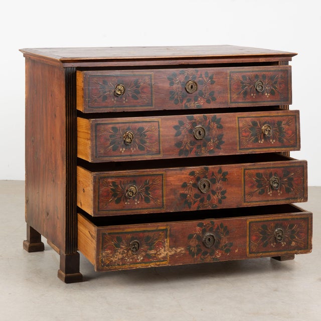 19th century Hungarian chest of four drawers dated 1865, crafted in pine with its original hand-painted folk art...