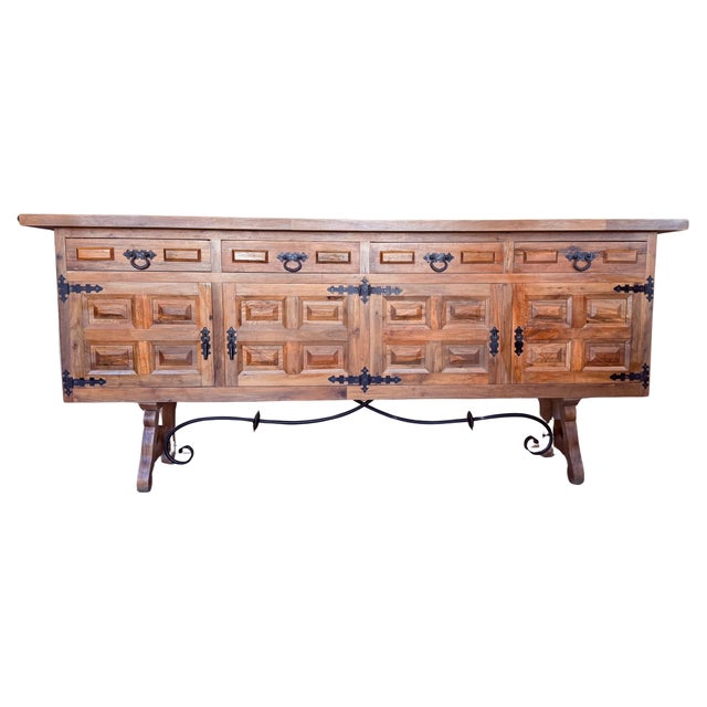 Brown Late 19th Century Spanish Baroque Carved Walnut Tuscan Three Drawers Credenza or Buffet For Sale - Image 8 of 18