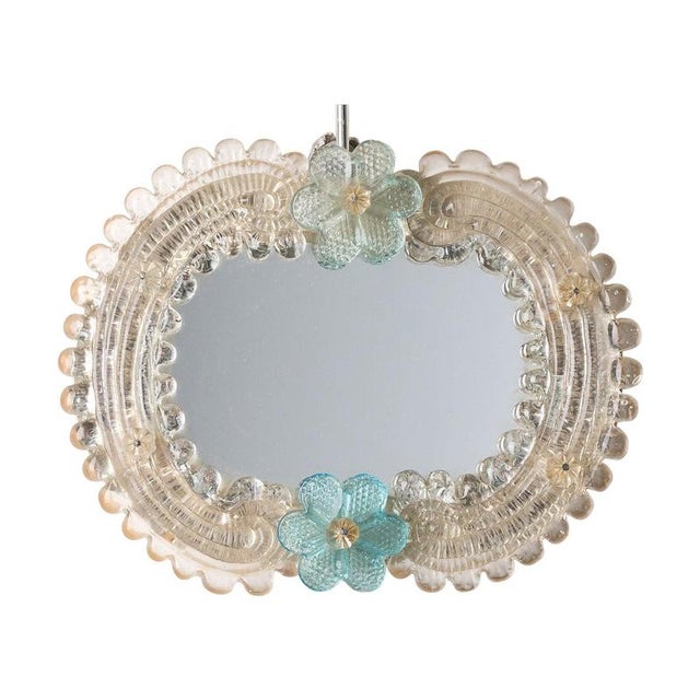 Small Vintage Venetian Murano Glass Wall Mirror with Turquoise Flowers, 1950s For Sale - Image 6 of 6