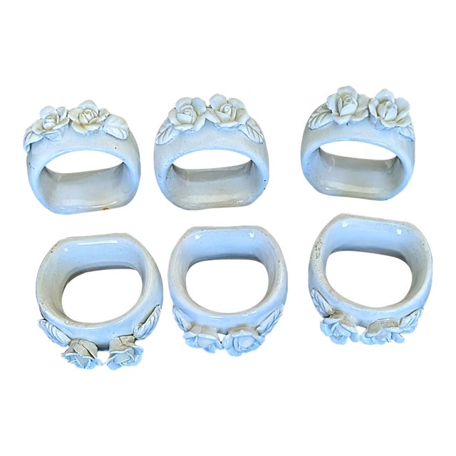 Vintage Porcelain Floral Napkin Rings, 6 For Sale