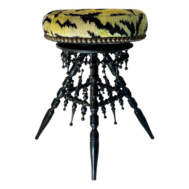 Mid 19th Century Victorian Black Wood Stool Upholstered in Scalamandré Tiger Velvet For Sale
