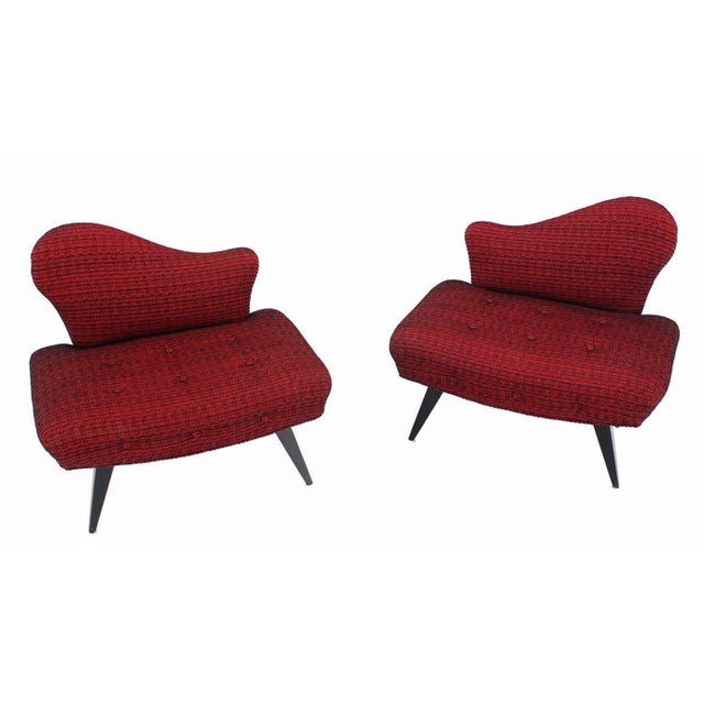 Pair Red Tufted Upholstery Mid Century Modern Fireside Slipper Lounge Chairs Camel Back MINT! Bench like extra comfort and...