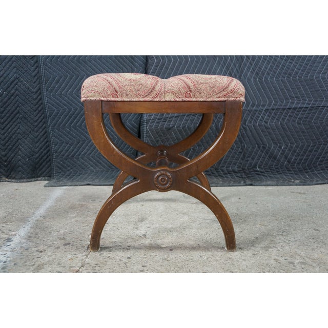 Antique English Regency Mahogany X Frame Paisley Tufted Ottoman Stool Bench For Sale - Image 17 of 18