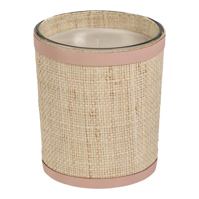 Lemon Peel, Lavender & Tarragon Scented Candle in Natural Raffia Basket w/ Leather Trim, 12 oz For Sale