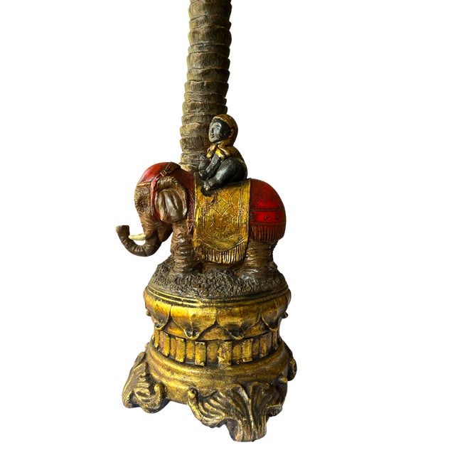 English 1990s Toile Elephant and Boy Tropical Palm Tree Table Lamp For Sale - Image 3 of 12