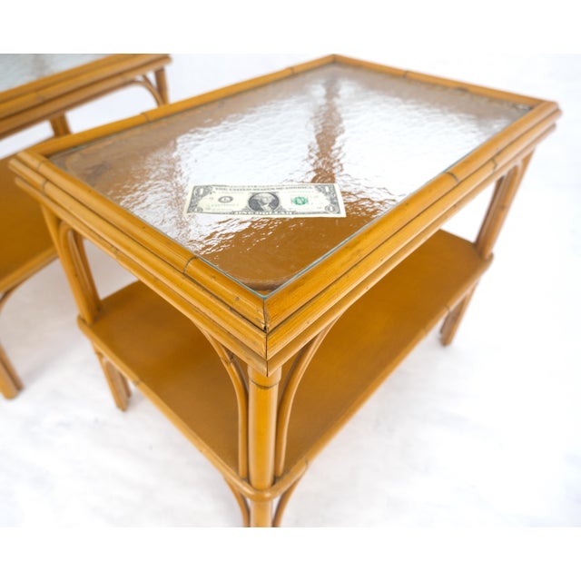 Pair c1970s Bamboo Rattan Two Tier Rippled Glass Top Rectangle End Side Tables For Sale - Image 6 of 14