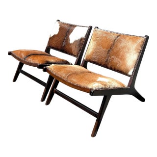 Contemporary Cowhide Nailhead Lounge Chairs - Pair For Sale