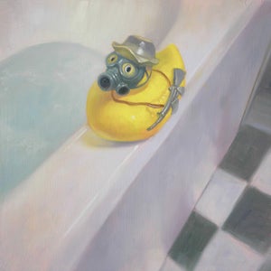 Duck O' War by Mark Harrison | Oil on Board Oil painting of a toy duck wearing a gas mask.