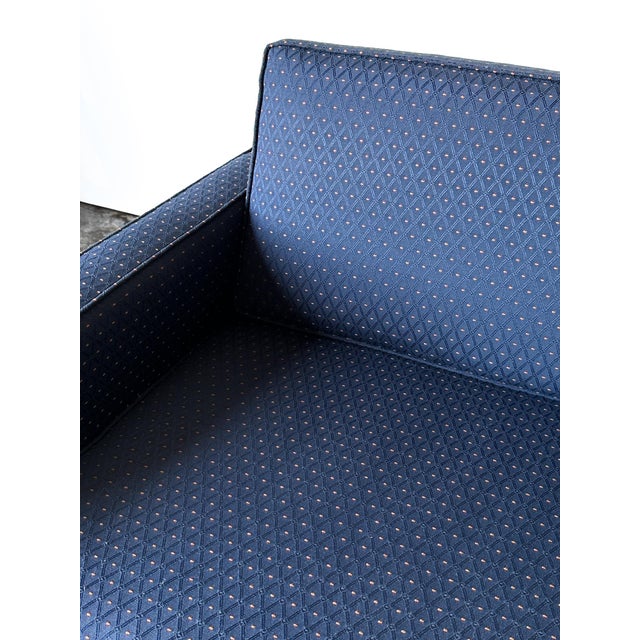 1960s 1960s Vintage Mid-Century Navy Jacquard Skirted Tuxedo Sofa For Sale - Image 5 of 18