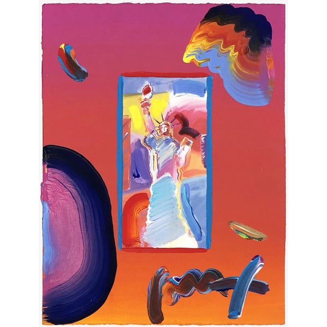 Mixed media with acrylic painting and color lithography on paper. Hand-signed in acrylic paint on front by Peter Max. A...