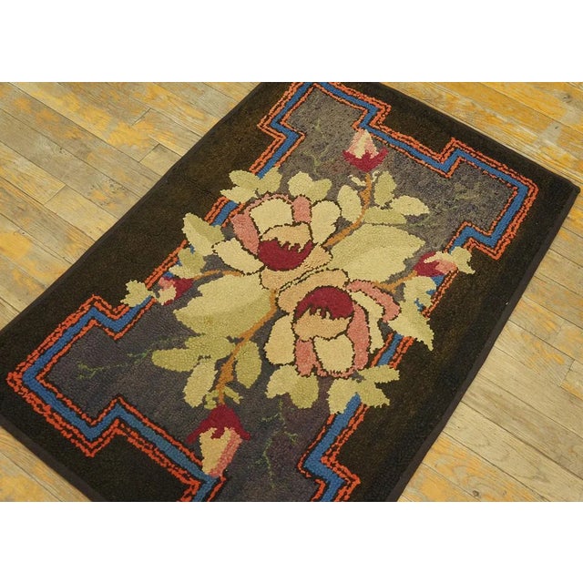 Adorable Brown Background Color Peculiar Flower Geometric Design Antique American Hooked Rug For Sale - Image 4 of 9