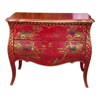 19th C Style Red & Gold Chinoiserie Chest of Drawers Commode For Sale