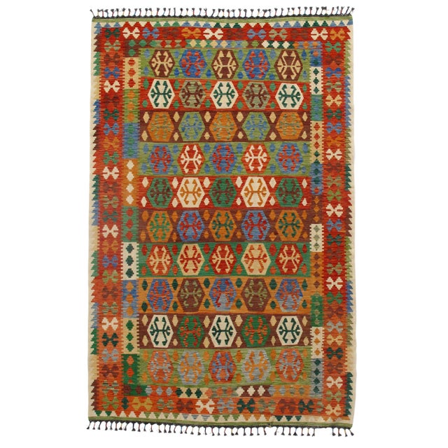 Afghan Kilim Handspun Wool Rug - 6′6″ × 9′11″ For Sale