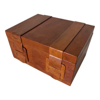 Vintage Brown Leather Decorative Box With Geometric Strap Detail For Sale