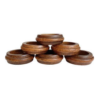 Vintage Mid-Century Modern Teak Wood Napkin Rings – Set of 6, Boho Natural Wood For Sale