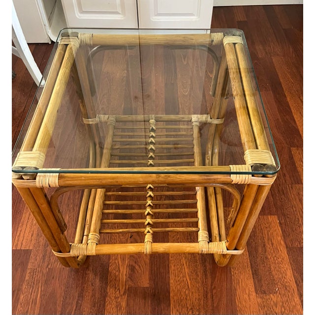Mid-Century Modern Accent Table Bentwood Rattan Glass Top Vintage For Sale - Image 3 of 5
