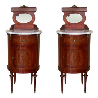Louis XVI Style Marquetry Nightstands with Bronze and Mirror Crests, 1890s, Set of 2 For Sale