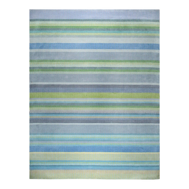 8x10 Serene Xena Green Striated Geometric Modern Handmade Wool Carpet Rug For Sale