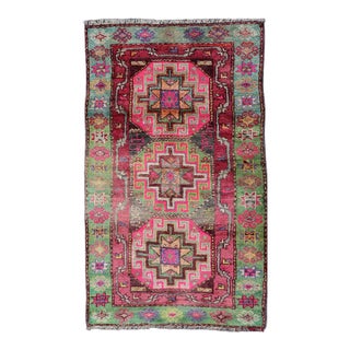 Vintage Caucasian Kazak Rug With Triple Medallions in Pink and Green 3'10 X 7'0 For Sale