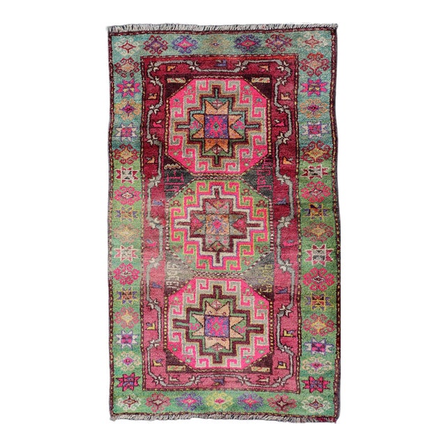 Vintage Caucasian Kazak Rug With Triple Medallions in Pink and Green 3'10 X 7'0 For Sale