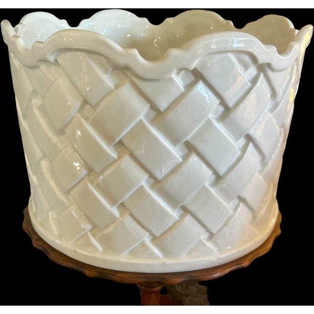 Large Vintage Ceramic Faux Basketweave Round Cachepot, circa 1970's Bright white ceramic, vintage piece in excellent...