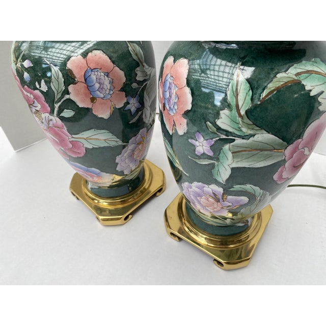 Vintage Chinoiserie Green Ceramic Floral Table Lamps With Brass Bases a Pair For Sale - Image 18 of 18