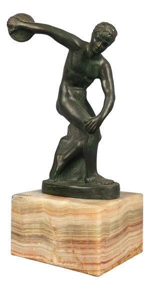 Vintage Discobolus Burnished Antimony Sculpture on Onyx Marble Base, 1950s