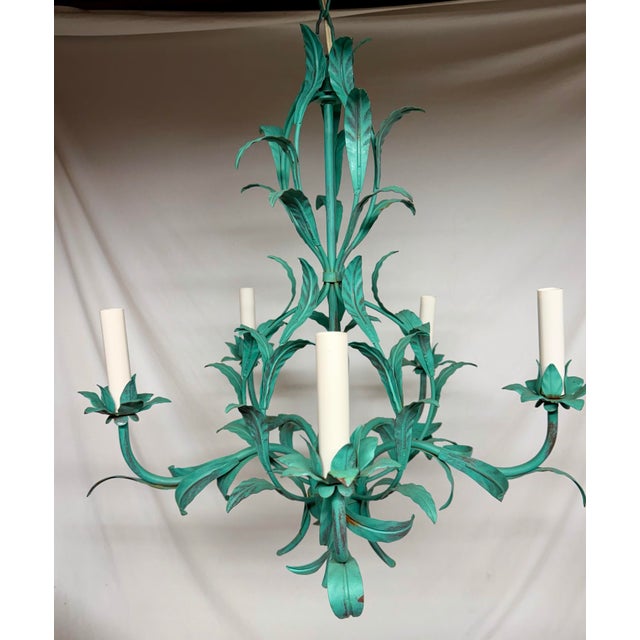Vintage 1970s Italian Tole Chandelier With Verdigris Finish, Five Arms For Sale - Image 4 of 12