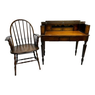 Early 1900s Spinet Burl Wood Fold-Top Desk & Windsor Chair - Set of 2 For Sale
