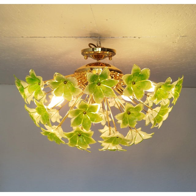 Green Floral Sputnik Flush Mount Chandelier 1980s Glass Flowers For Sale - Image 9 of 12