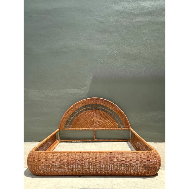 Late 20th Century Vintage Woven Rattan Queen Bed Frame For Sale - Image 5 of 12